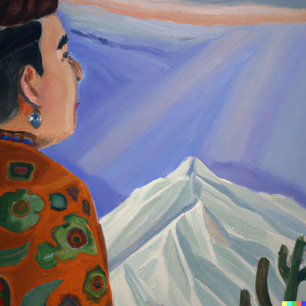 someone gazing at Mount Everest, painting by Frida Kahlo
